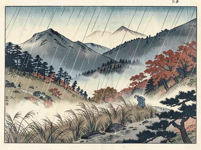 Mountain pass in driving autumn rain, two travelers bent under rush-grass capes 