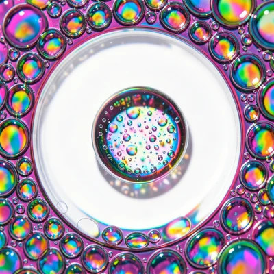 Single large oil drop on water backlit with white, clear cell acting as magnifyi