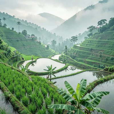 Emerald green hills through morning mist in Kigali, Rwanda, Rice paddies in vall