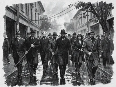 Funeral procession in rain
