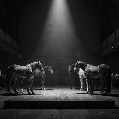 Charcoal narrative scene of a circle of empty drawing horses around a low platfo