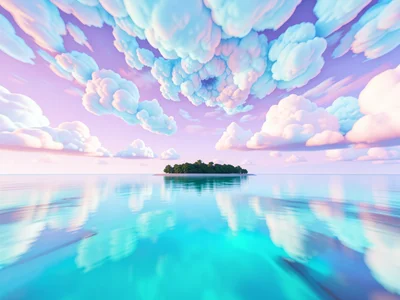 Generous skybox of cumulus drifting over a tiny island silhouette on a glassy tu
