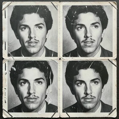 A photocopied face repeated four times, each copy slightly more degraded, arrang