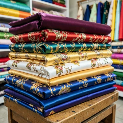 Stacked bolts of fabric in a textile shop, satin against cotton against embroide