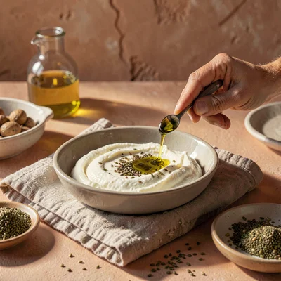Warm desert-toned photograph, Fresh labneh cheese draining in cloth, olive oil b