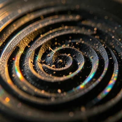 Dust particles in vinyl grooves under macro light, tiny debris caught between gr