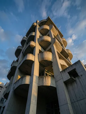 A Metabolist-style building in Tokyo, the capsule-like units plugged into a conc