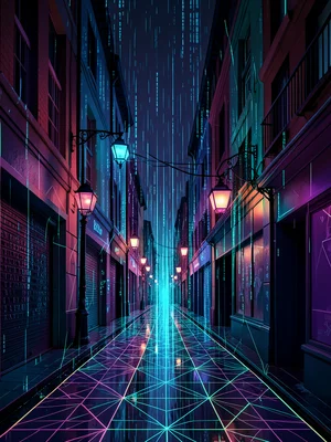 Gas lamp street with digital rain (Matrix-style) falling instead of water