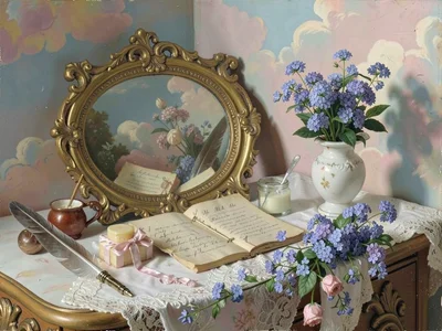 Writing desk corner — quill pen, wax, ribbon-tied letters, and a small vase of f