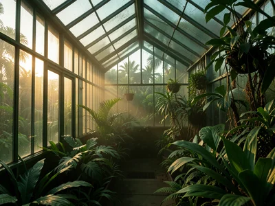 A greenhouse at sunrise: warm light hitting the east-facing glass, interior stil