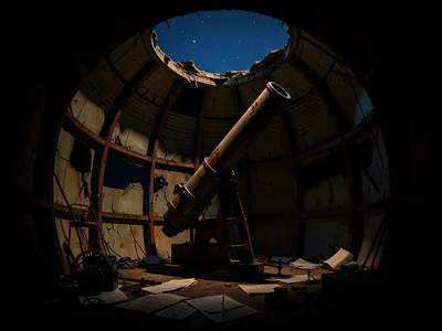 Inside a derelict observatory dome, the rusted telescope tilted toward a torn ce
