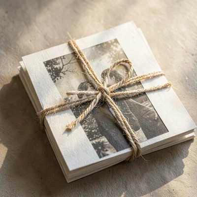 Top-down still life of a stack of paper-sleeved prints tied with linen string, w