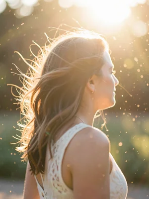 Wind through woman's hair, backlit, golden particles in air, dreamy soft focus