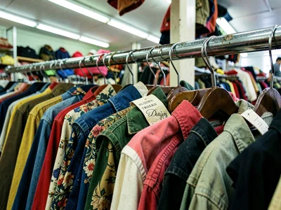 Designer label peeking from rack, the hidden treasure among regular clothes