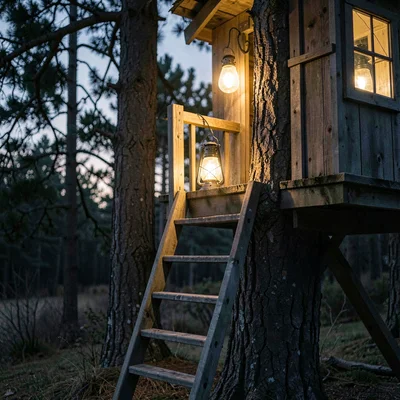 Vertical cozy view of a treehouse ladder lit by lantern at dusk
