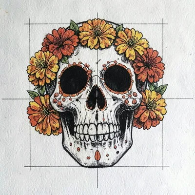 Sugar skull with marigolds