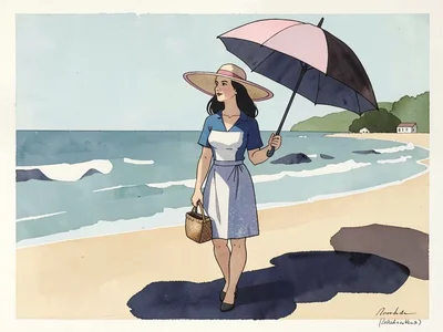 Woman in a wide-brimmed hat at the beach, umbrella casting flat shadow shapes