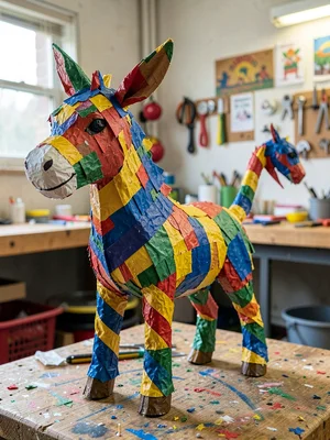 A child-scale papier-mâché donkey piñata in a workshop, tail made from twisted p