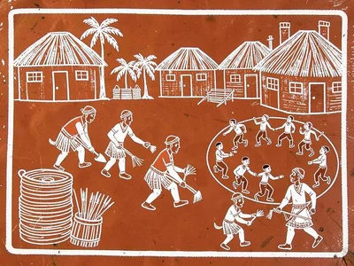 Village harvest — figures cutting grain with curved tools, bundles stacked besid