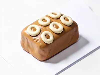 Plump chunky clay loaf of cinnamon bread in tan tone with stubby cream-toned swi