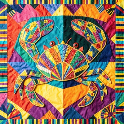Panamanian mola textile illustration, a crab with shell layer patterns showing ,