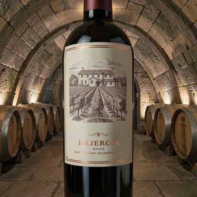 Wine label illustration, Wine cellar with barrels receding , elegant estate scen