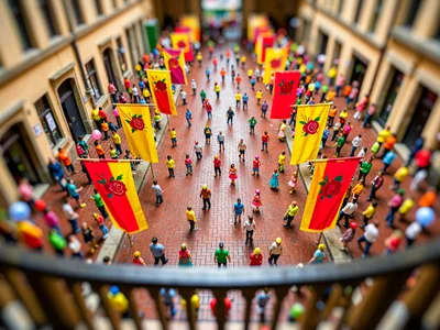 In a tilt-shift photograph from a museum balcony, saturated rose festival banner