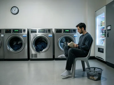 A person waiting for their laundry at a laundromat, sitting on a molded plastic 