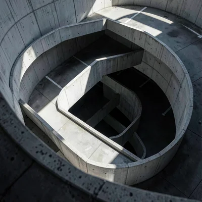 Spiral ramp from above showing multiple descending levels