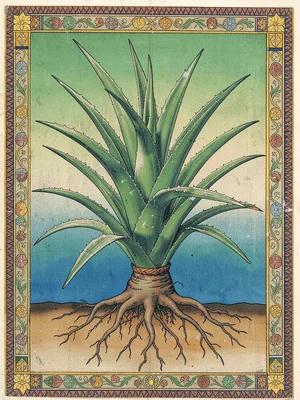 Botanical page — single aloe plant in full detail, roots exposed below a soil li