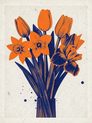 A bouquet of spring flowers — tulips, daffodils, irises — in fluorescent orange 