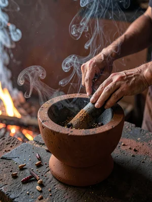 Grinding Toasted Spices in Stone Mortar