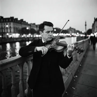 A street musician playing violin on a bridge at dusk, the bow mid-stroke, city l