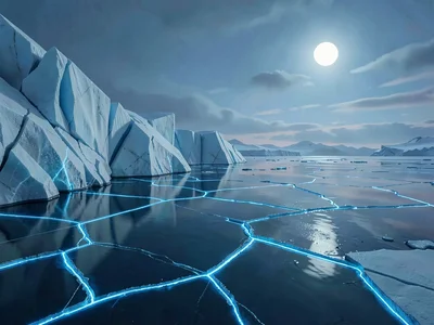 Blue twilight settles softly on a sea-ice field, every cracked seam glowing like