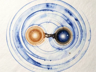 A binary star system with two dense pools of warm ink connected by a bridge of s