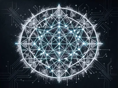 Traditional fish kolam rendered as binary data stream visualization