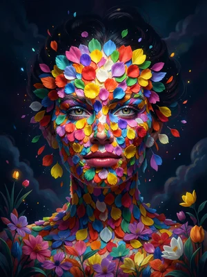 Woman's face composed entirely of flower petals, each petal a different color, d