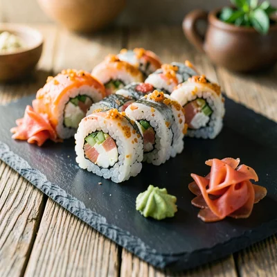 Close-up of sushi rolls on a dark slate plate with pickled ginger and wasabi