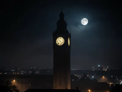 Clock tower at midnight, fog rolling in, distant city lights, ominous mood