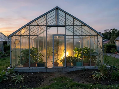 Greenhouse glowing at evening time