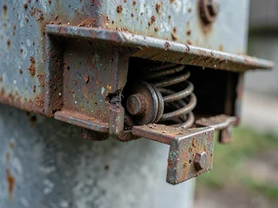 Newspaper box hinge, spring mechanism visible through wear hole