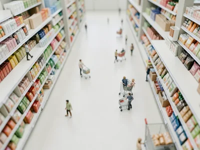 Grocery store aisles from above, tilt-shift, miniature shoppers and carts