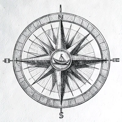 Hand-drawn compass rose with a tiny kayak glyph centered, fine crosshatch