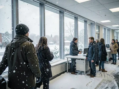 Office windows, workers looking out, the distraction of weather arriving