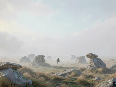 Ring of low cairns on a windblown plain, a tiny silhouette of a walker pausing a