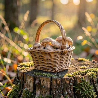 Warm still-life of a small woven basket of foraged mushrooms on a stump, golden 