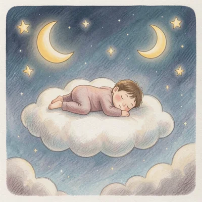 A sleeping child on a cloud that drifts through a night sky full of gentle stars