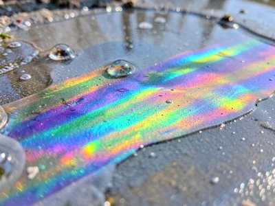 Soap-bubble-thin ice on still pond, interference rainbow visible in the frozen m
