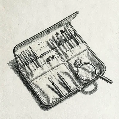 Pen-and-ink illustration of a complete watchmaker's tool roll laid open with scr