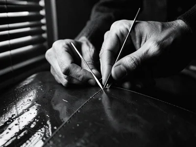 Hands stitching leather with a saddle stitch, two needles pulling waxed thread